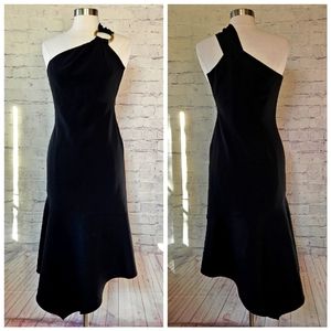 Shoshanna Midnight Eonia Black Crepe Assymetric Hourglass Midi Cocktail Dress 4